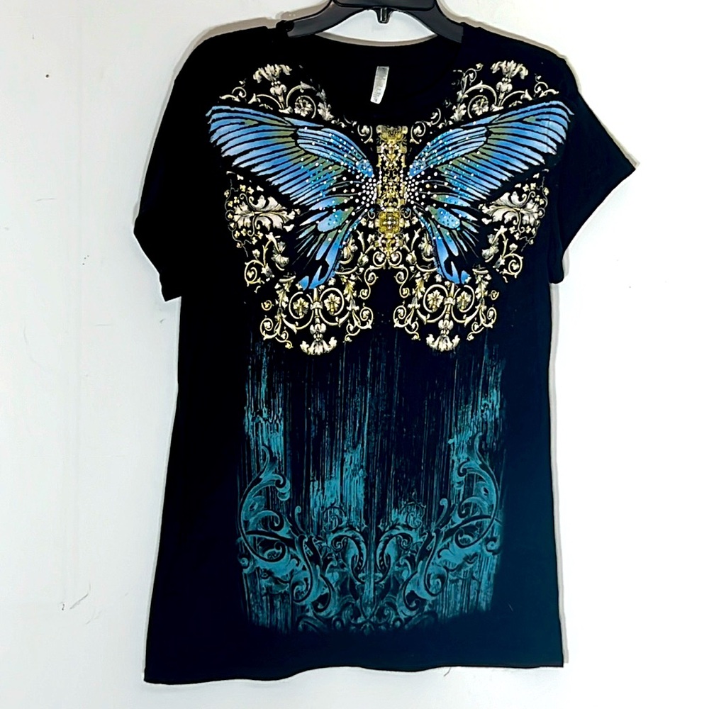 🌞 EJEL butterfly turquoise rhinestone bling fitted tee women OS listed as L